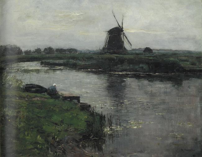 Piet Mondrian / Oostzijdse mill with woman at dock of Landzicht farm / c. 1902-1903? / oil paint on canvas / 58 x 73 cm